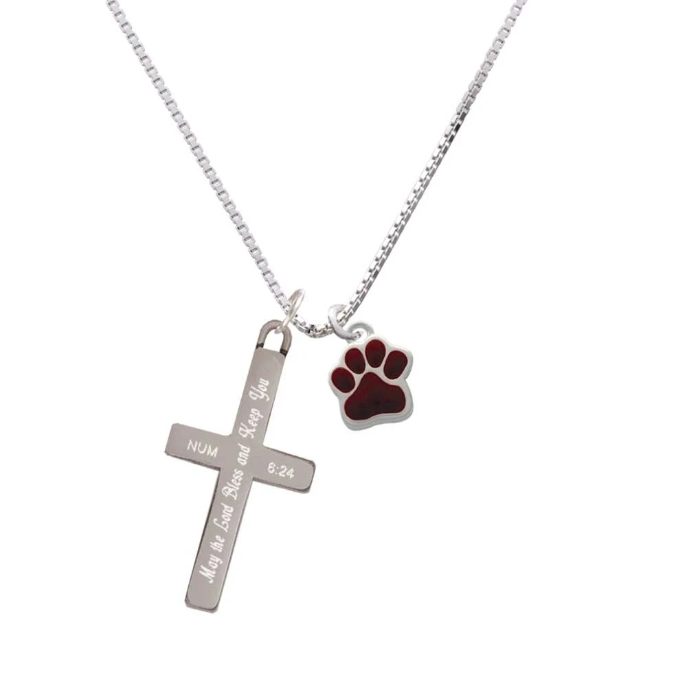 Small Maroon Paw - Bless and Keep You - Cross Necklace