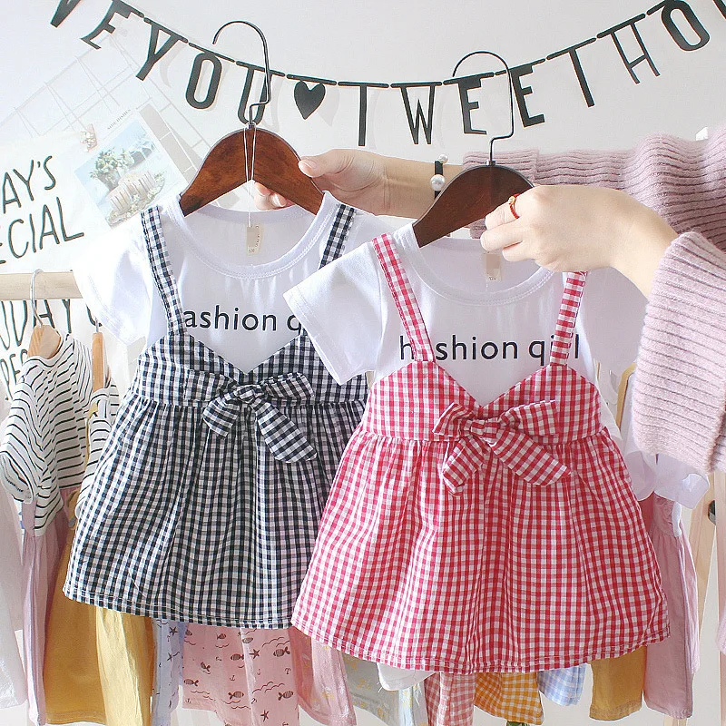Summer Baby Princess Dresses For Kids Plaid Birthday Party Dress Casual baby Clothes Toddler Girl Newborn Fake Two pieces Dress (9)