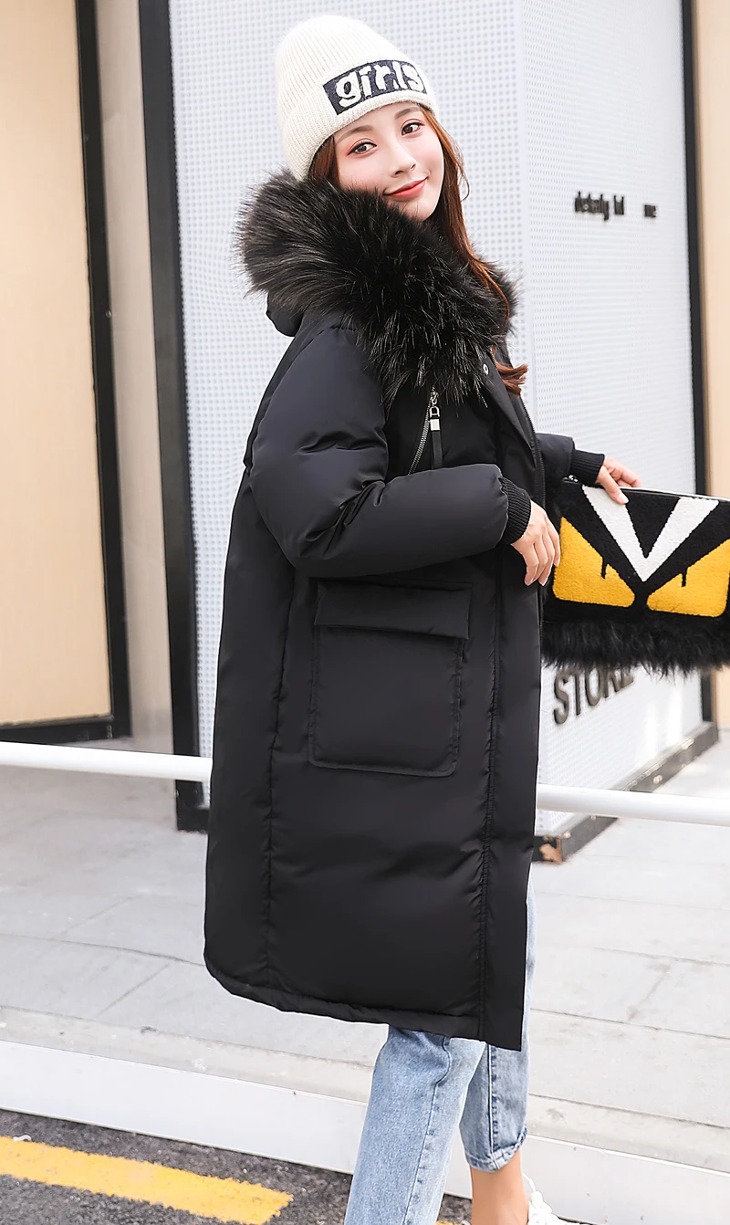 Новое поступление, женская зимняя куртка, корейский стиль, с капюшоном, с меховым воротником, теплая, утолщенная, для девушек, пальто, длинный пуховик, парка
