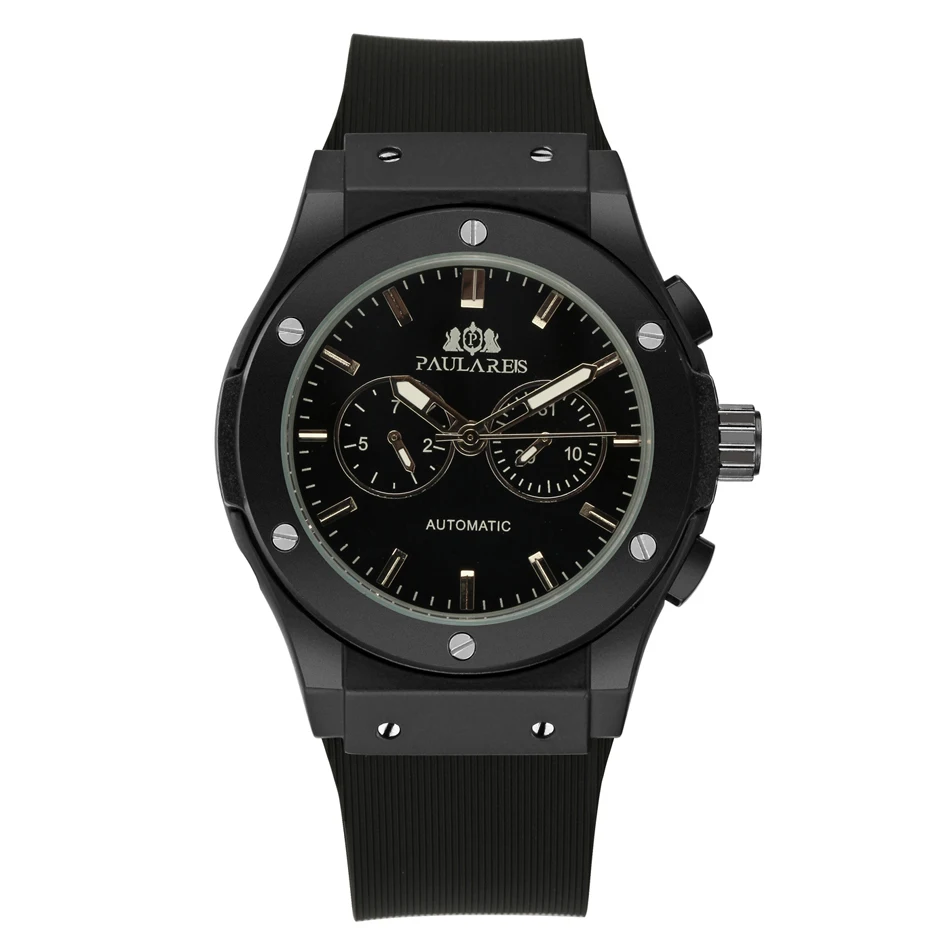 Мужские механические часы с автоматическим заводом, розовое золото, серебро, черный чехол, коричневый кожаный резиновый ремешок, повседневные спортивные часы Geneve - Цвет: Black 1