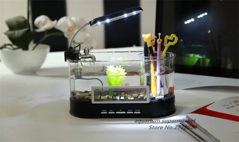 Аквариум Черный Белый USB мини аквариум с светодиодный светильник ЖК-дисплей экран и часы маленький аквариум для рыб