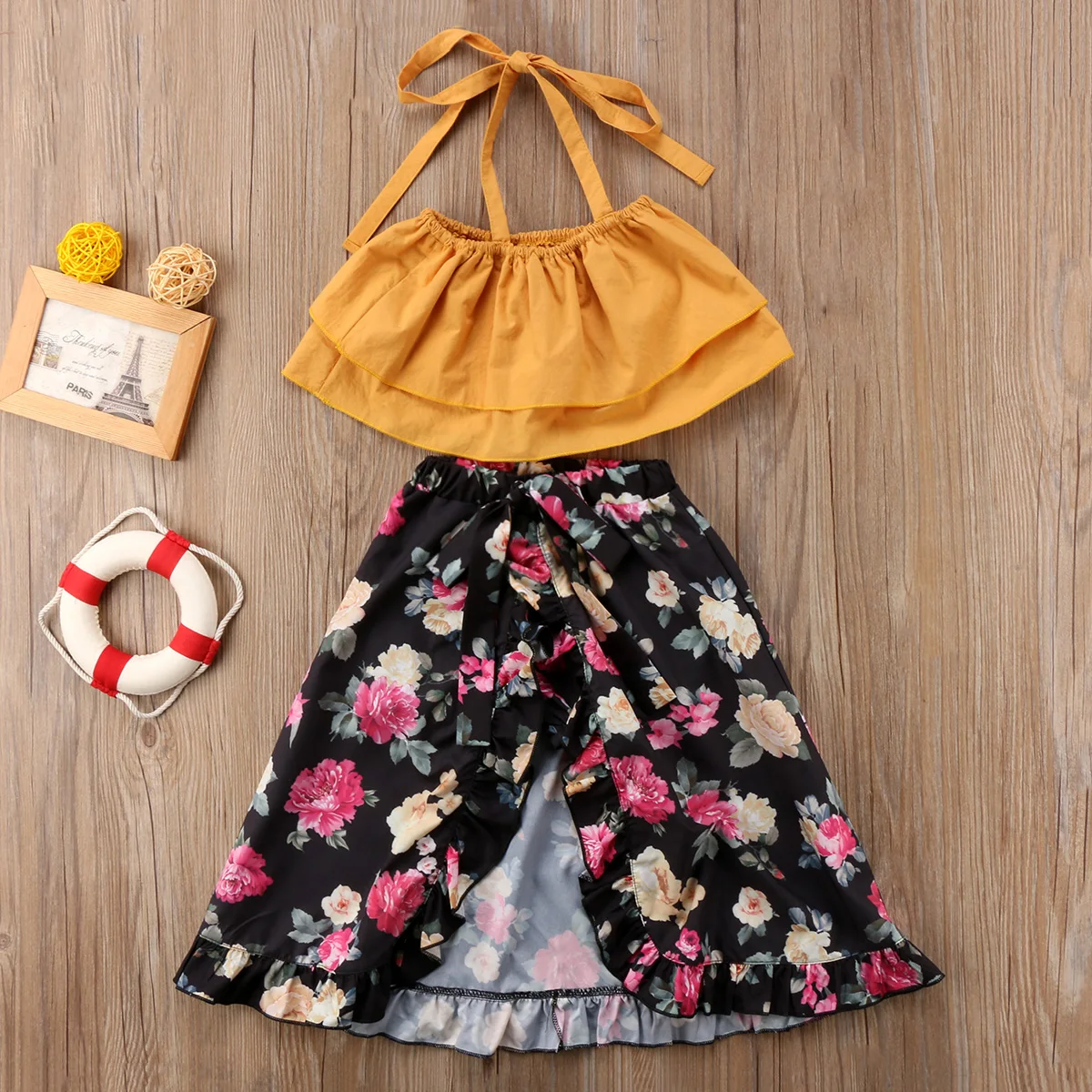 Family Sister Matching Outfits Summer Outfits Off shoulder Strap Crop Tops Floral Tutu Baby Bloomers Shorts Skirt 2PCS Set