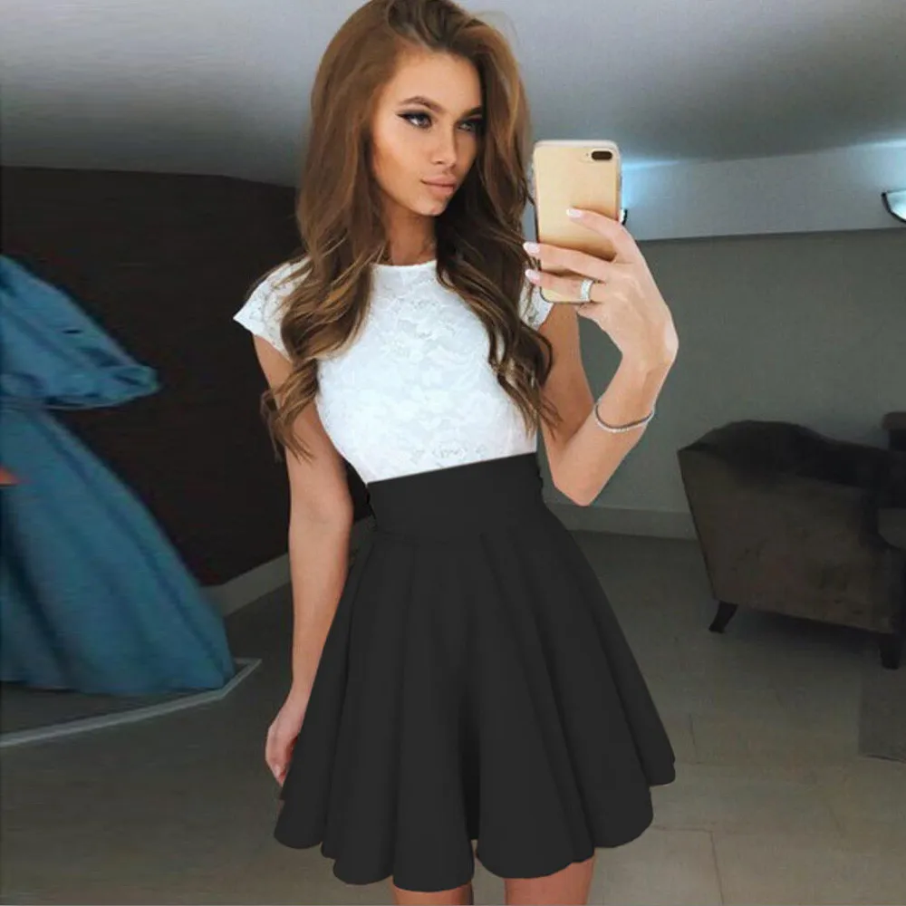 

Womens Party Evening Mini Skirt Ladies Summer Skater Modis Skirt Solid High Waist Stretch Cozy Saia Spodnica Faldas Mujer