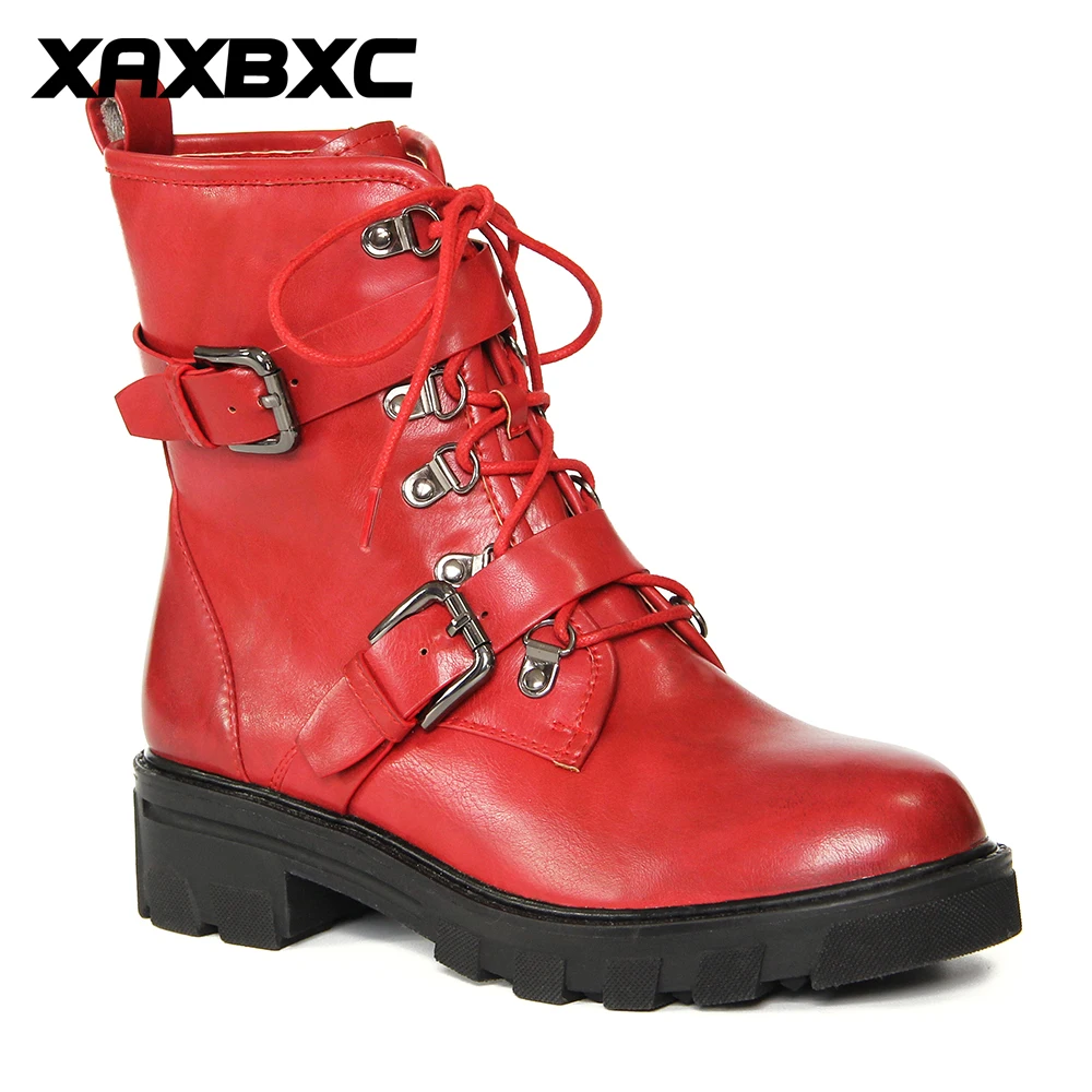 XAXBXC 2017 Retro British Winter Red PU Leather Rivets Brogues Short