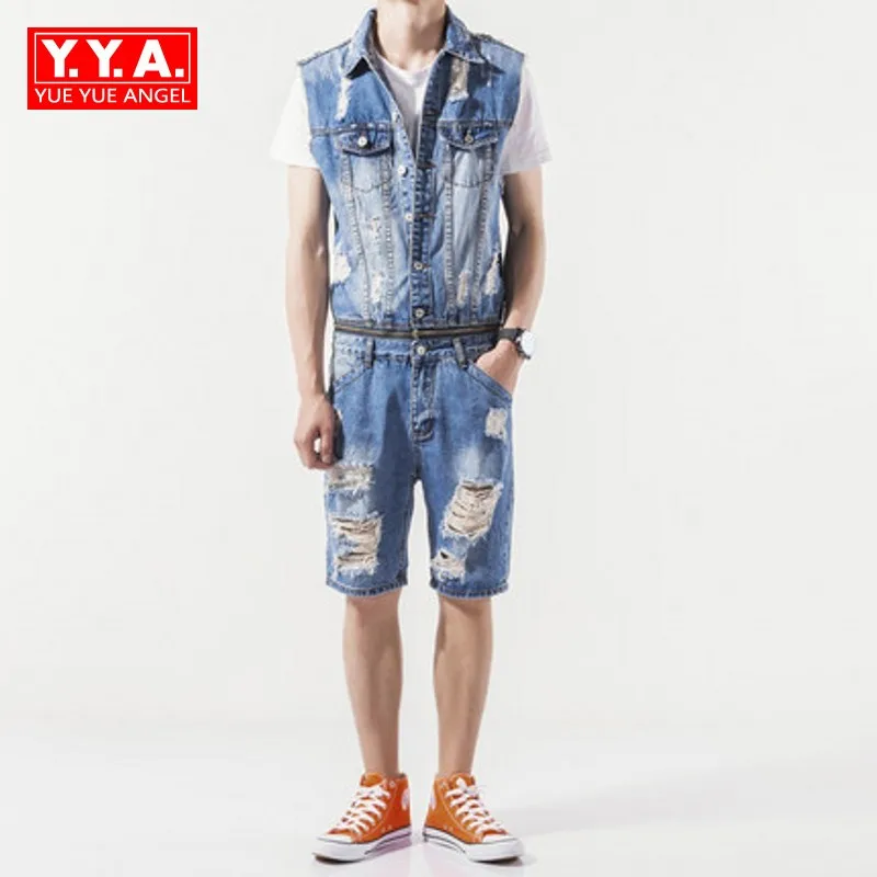 Mens Jumpsuits 2018 Korean Fashion Short Sleeve Distressed Tops Hole Ripped Knee Length Pants Vintage Casual Denim Overalls Man 