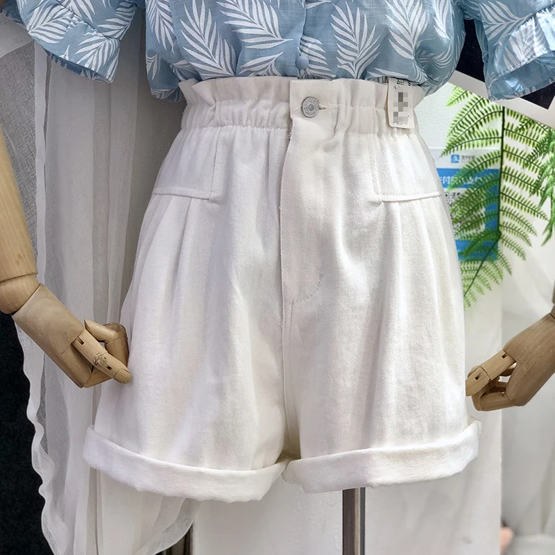 Elastic High Waist Loose White Denim Shorts Women 2018