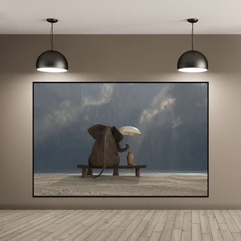 

Elephant And Dog Sit Under The Rain Canvas Art Print Wall Pictures for Living Room No Frame