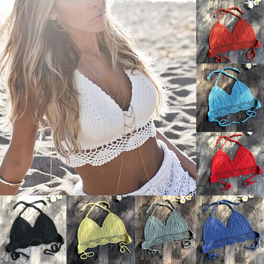 

Women Summer 9 Colors Lace Tankini Swim Solid White Black Blue Crochet Knitted Piece Of Swimsuit Beachwear Top Padded Swimwear