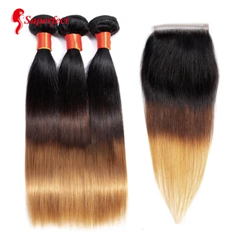 

Superfect Brazilian Straight Hair 3 Bundles With Closure T1B/4/27 3 Tone Honey Blond Ombre Human Hair With Closure Remy Hair