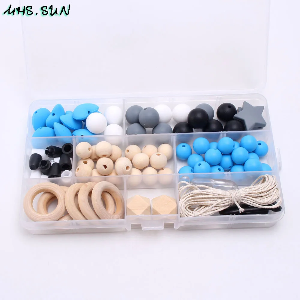 KT013 (2),$18.6.Silicone Natural Wooden Beads DIY Jewelry Set For Baby Chew Teething Nursing Necklace Beads Kits Making Accessories 