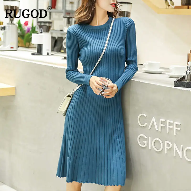

RUGOD Fashion Sweater Dress Women Solid O-Neck Midi Dress Long Sleeve A-Line Winter Dress Elegant Women Clothes vestidos verano