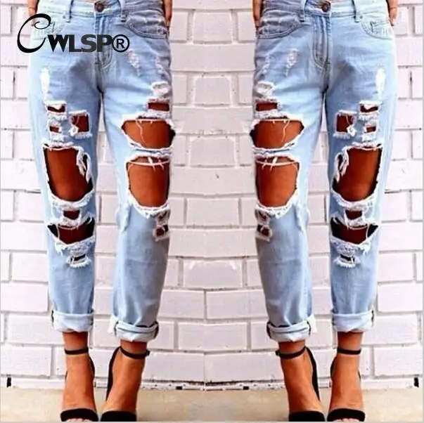 CWLSP лето осень рваные джинсовый женский Повседневный винтажные Рваные Джинсы бойфренда для женщин рваные джинсы дикие джинсовые брюки QL1783
