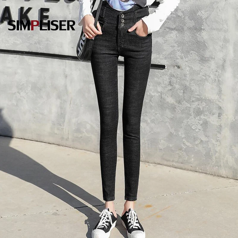 Джинсовые черные джинсы брюки для Для женщин 2018 Высокая талия стрейч женские узкие брюки-карандаш Дамская Мода Street Wear плюс размер 34
