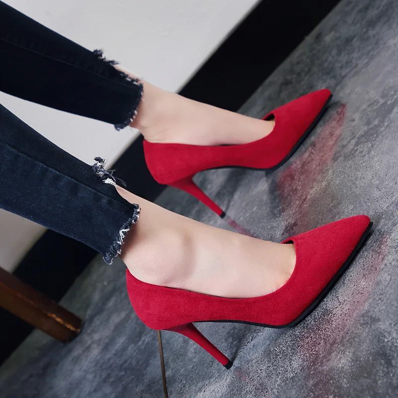 

New Women Shoes Concise Flock Pointed Toe Slip-On 9cm Thin High Heel Shallow Solid Lady Party Wedding Shoes Female Pumps Shoes