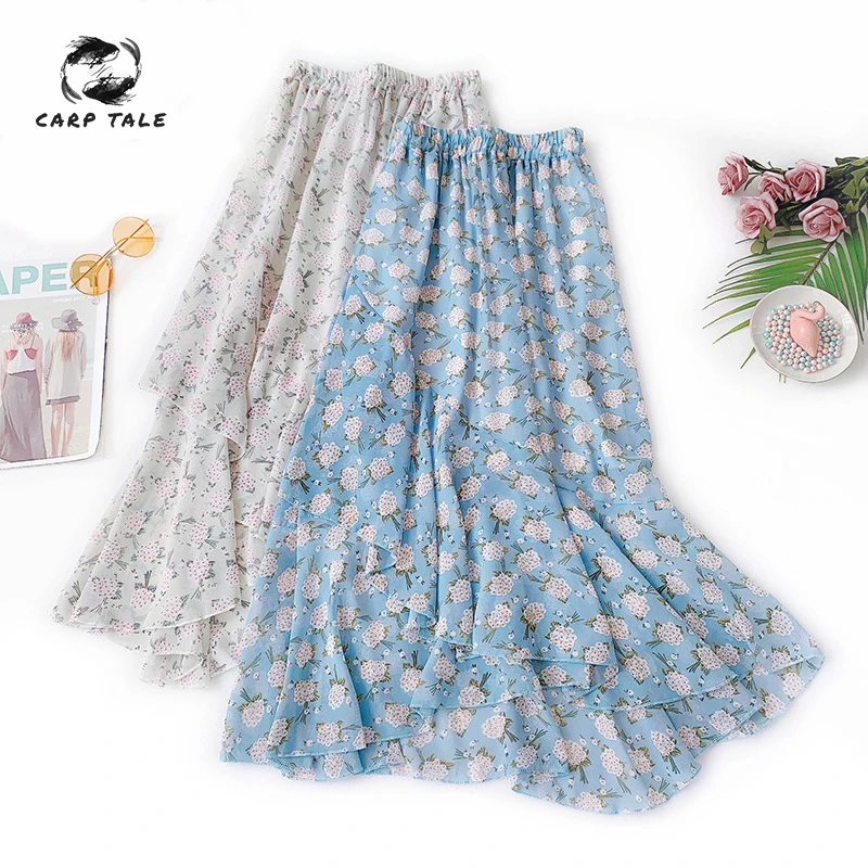 

New summer versatile literary floral skirt Black irregular ruffled fishtail skirt high waist small fresh retro chiffon skirt