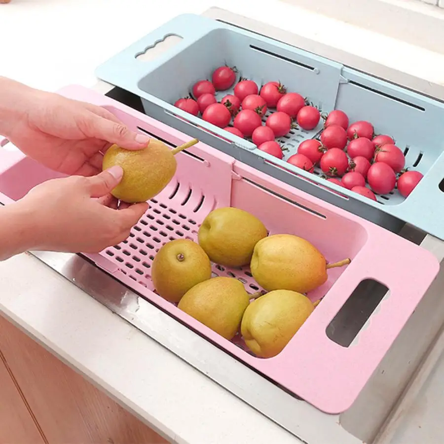 

ABS Telescopic Sink Tray Drain Basket Adjustable Multifunction Holder Fruit Kitchenware Decoration