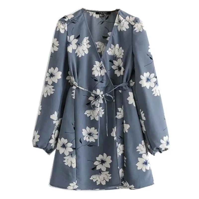 2019 Women Vintage Cross V neck Flower Print Wrap Dress Short Lacing up Waist Split Slim Fit Long sleeve Dresses
