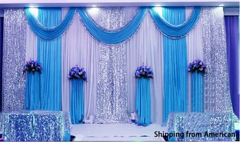 

3Mx3M Three Fold Blue Wedding Stage backdrop party drapes with swag silk fabric curtain