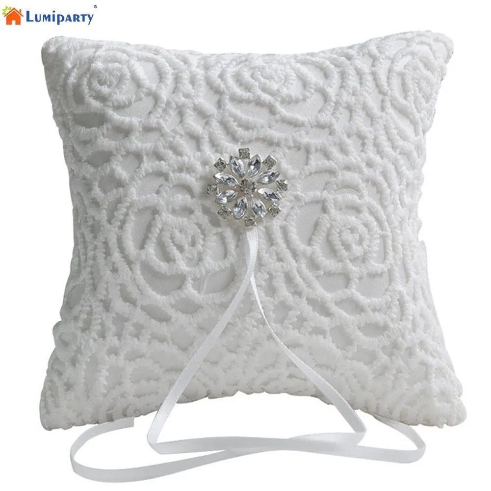 LumiParty White Lace Rhinestone Wedding Ring Bearer Pillow, 6 x 6 inch