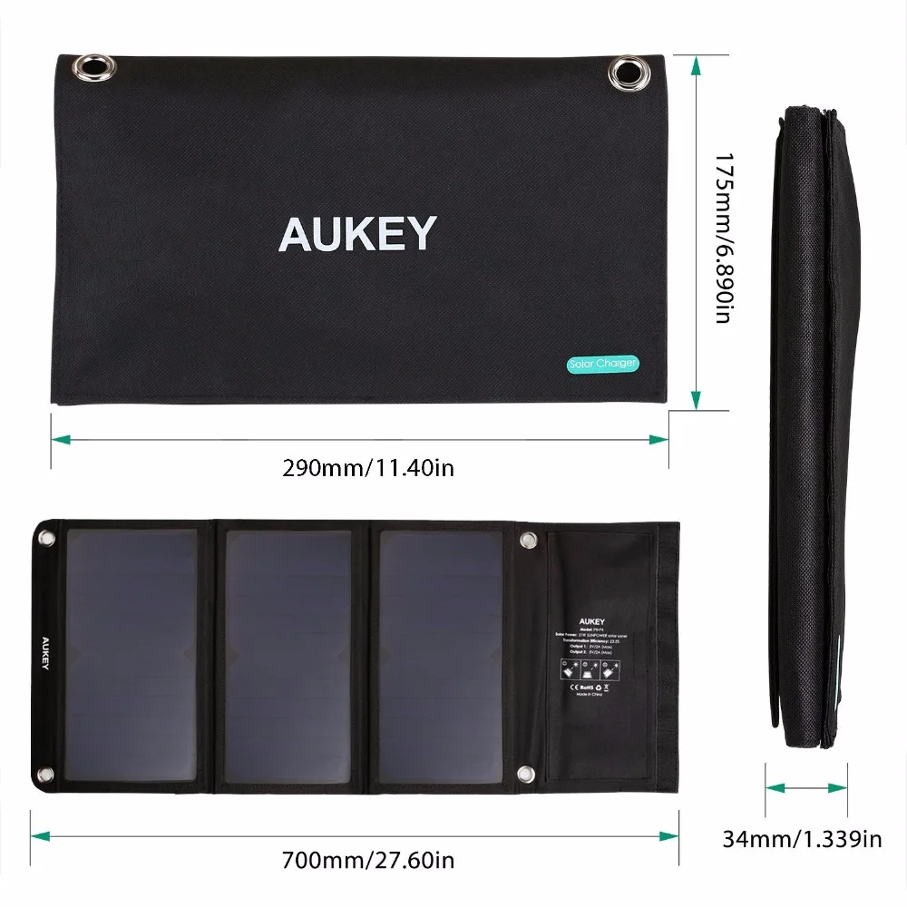21 Вт AUKEY солнечное зарядное устройство с двойным USB портом складной портативная