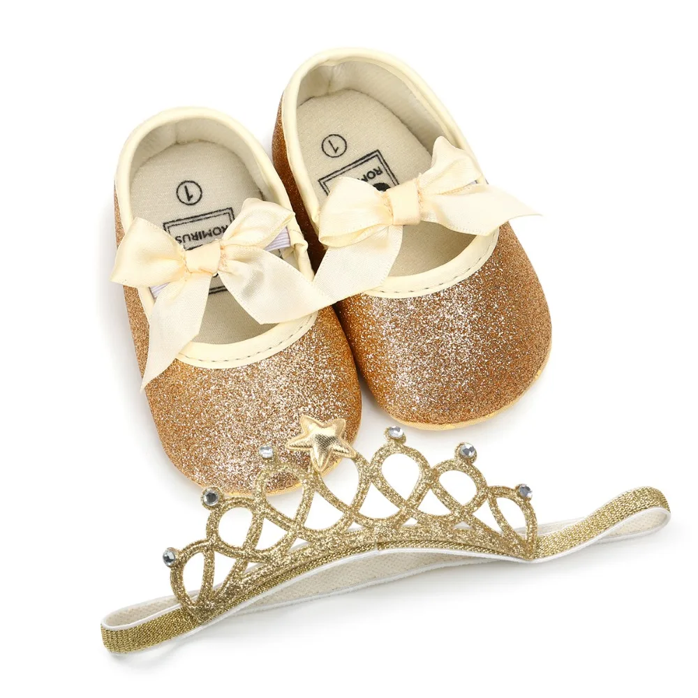 Обувь для новорожденных с повязкой на голову для девочек; кожаные кроссовки с короной; повязка на голову; золотая кожаная обувь для маленьких девочек;