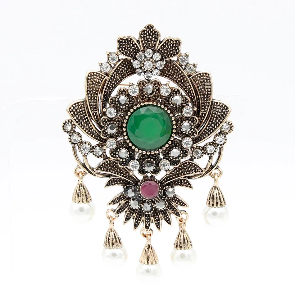 Vintage Indian Flower Bead Brooch Pins Antique Gold Color Round Resin