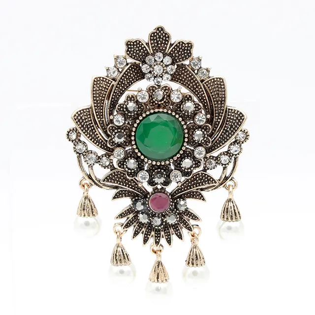 Vintage Indian Flower Bead Brooch Pins Antique Gold Color Round Resin