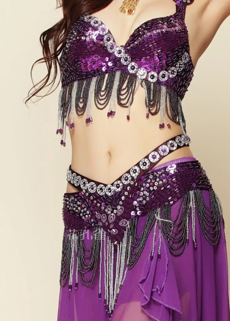 Живота юбка для танцев комплект из 3 предметов (бюстгальтер + пояс + юбка) танец живота костюм набор Египет Индийский Болливуд костюмы