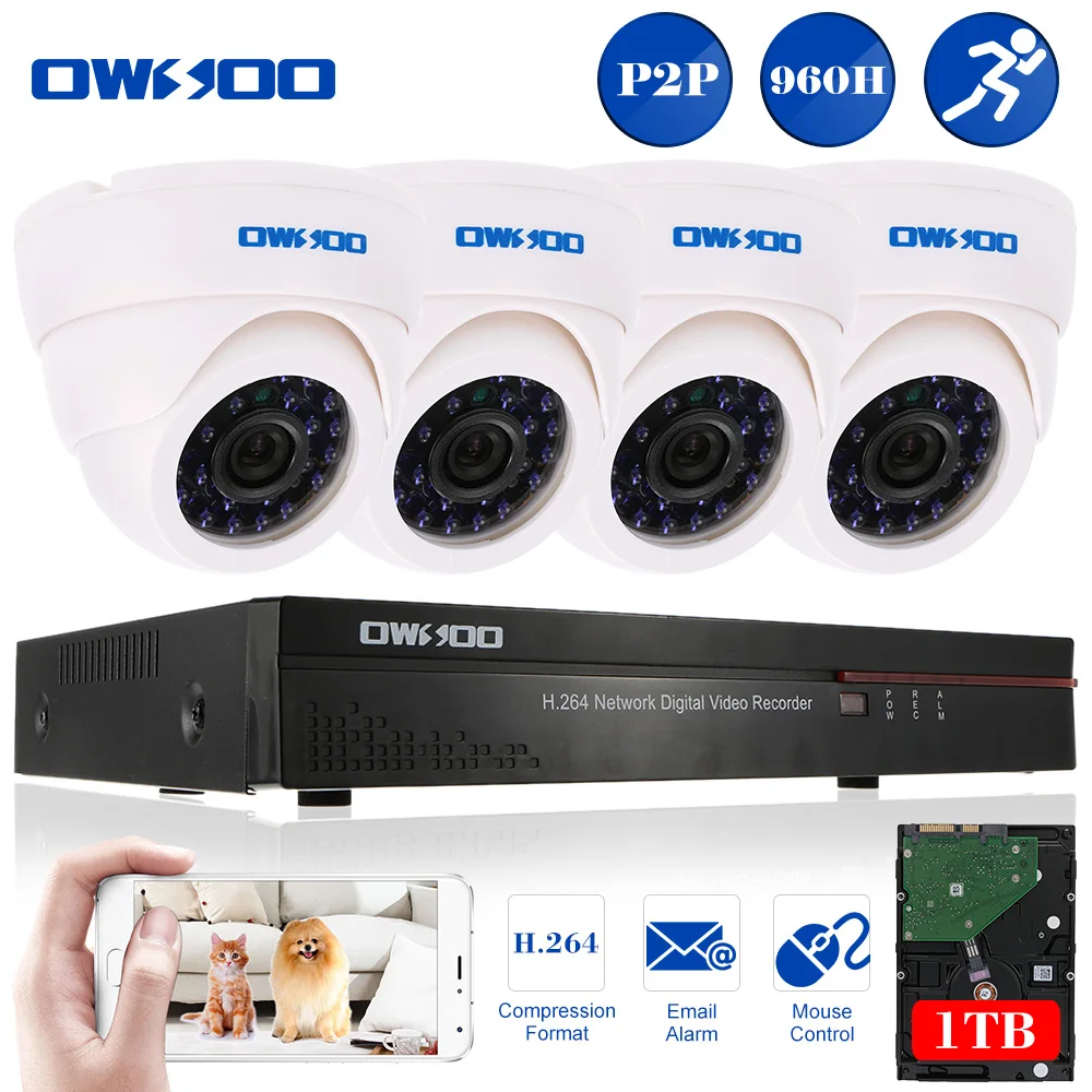 4CH CCTV System 960H/D1 CCTV DVR 4PCS 24 IR LEDs Night View Plug and Play 800TVL Security Camera Surveillance System + 1TB HDD