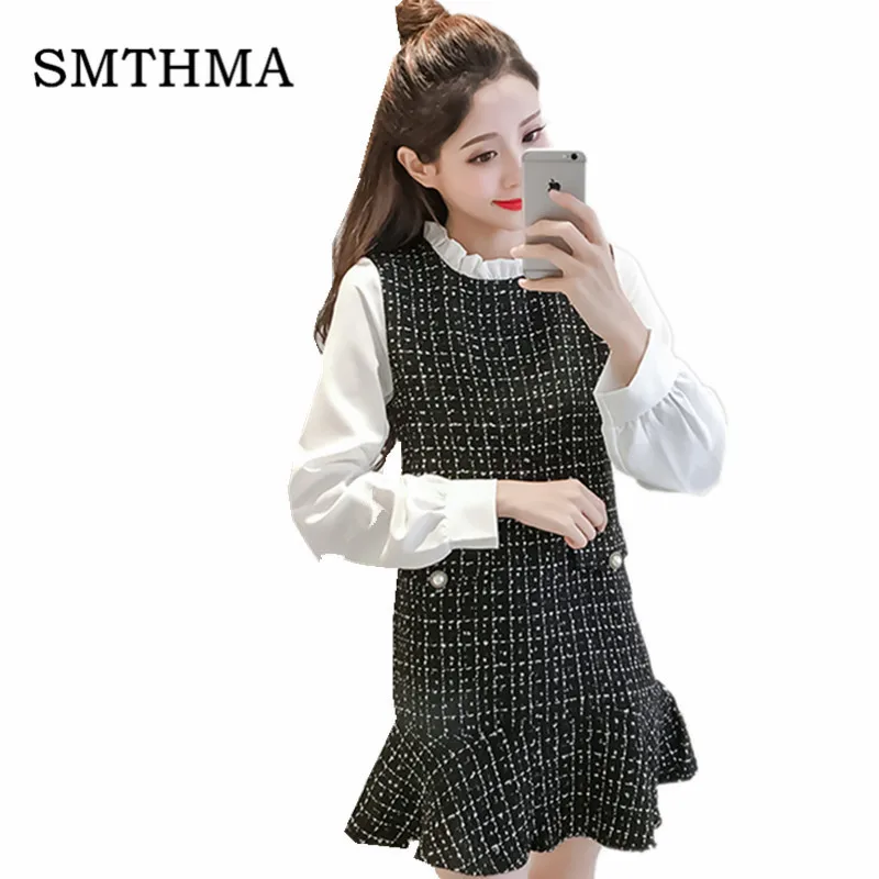 

women elegant tweed plaid mini dress Spring Long sleeve female casual fashion chic Ruffle dresses vestidos