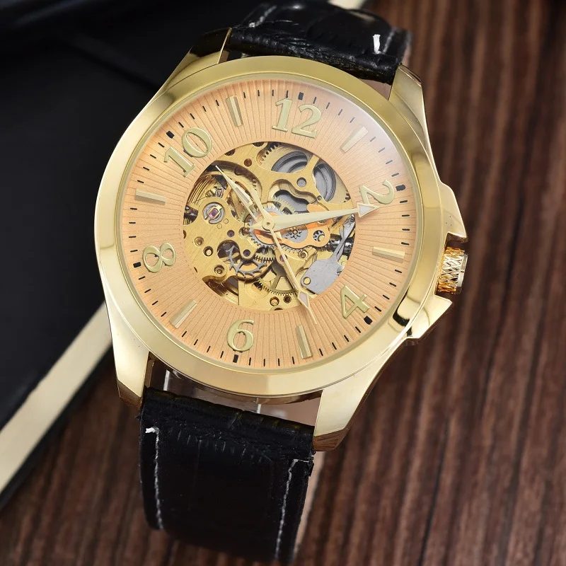 GOER brand male Wrist watch Skeleton leather men s mechanical watches Automatic Luminous digital waterproof black