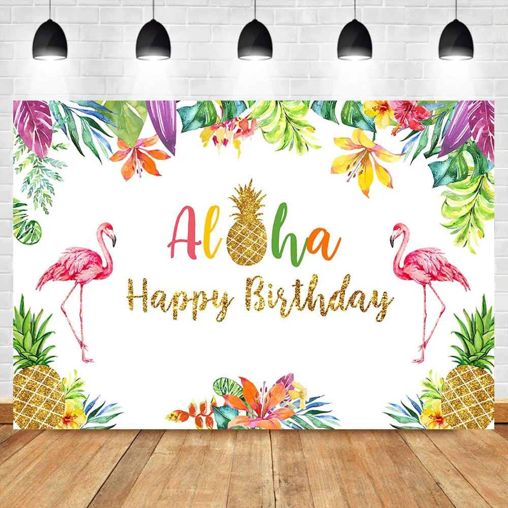 Tropical Flamant Rose Anniversaire Toile De Fond Aloha Joyeux Anniversaire Or Ananas Fond Hawaii Fete D Anniversaire Photographie Decors Aliexpress
