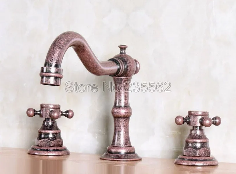 

NEW Antique Copper Deck Mounted Bathroom Faucet Dual Handle Widespread Bath Tub Mixer Tap Vessel Sink Faucets lnf173