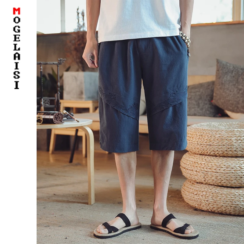Новые летние мужские льняные шорты с вышивкой узор в китайском стиле однотонные льняные хлопковые шорты дышащие мягкие синие шорты A036-mk08