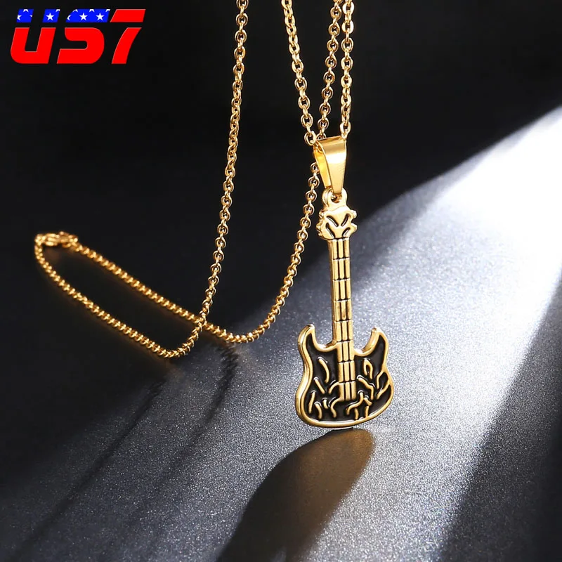 

US7 Music Guitar Rock Pendants & Necklaces Stainless Steel Hip Hop Guitar Rapper Pendant For Men Tools Punk Jewelry Lover Gift