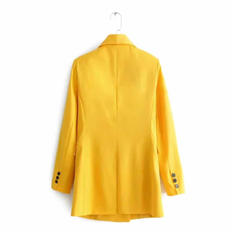Женщины шикарный желтый карманы двубортный длинные рукава носить пальто- управление твердых случайных одежду. c653