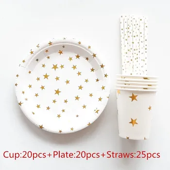 

65pcs Gold Foil Star Disposable Tableware Christmas New Year Party Paper Plates Cups Birthday Party Supplies Plastic Straws