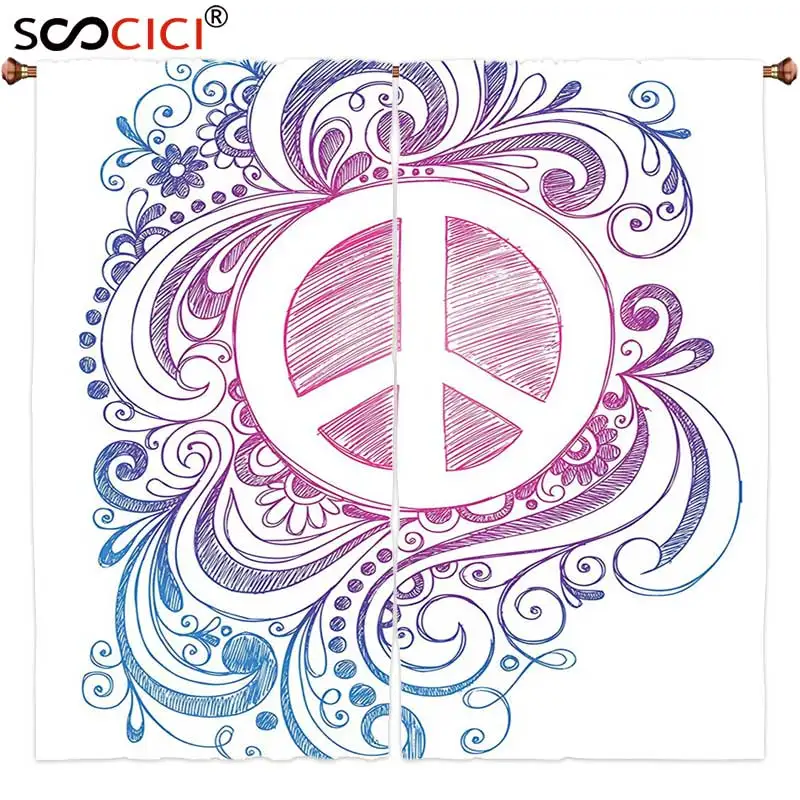 

Window Curtains Treatments 2 Panels,Groovy Decorations Classic Hand Drawn Style Peace Sign And Swirls Freedom Change Hope Roll