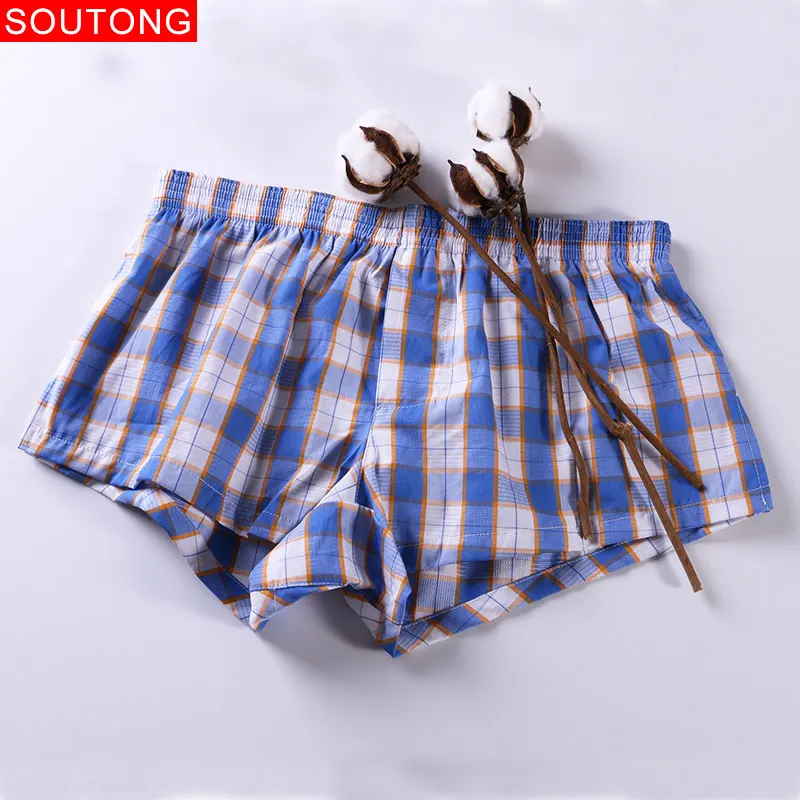 

Soutong Men Boxer Cotton Soft Plaid Printed Loose Home Underpants Calzoncillo Hombre Men Underwear Shorts Men's Sleep Bottoms