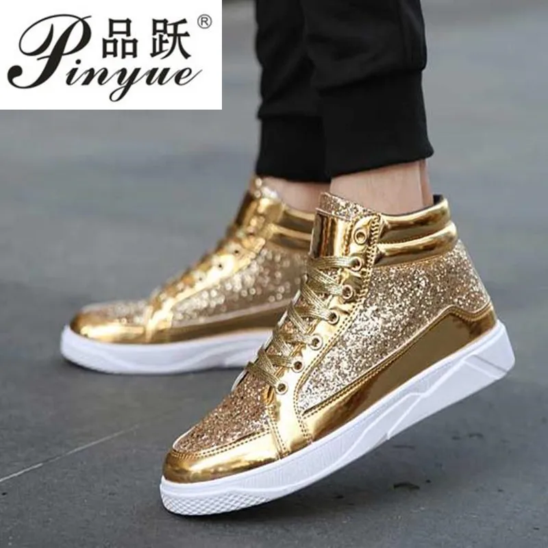 

2019 Men's Hip Hop shoes leather casual shoes Gold fashion sneakers Shinning silver high Vulcanized shoes sizes Stylish 39--45