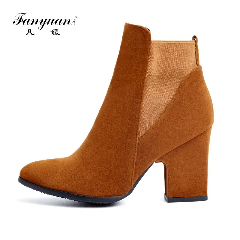 

Fanyuan 2017 Autumn/Winter Ankle Women Boots Slip-on Elastic Band High Heels Thick Heels Pointed Toe Solid Basic Women Shoes