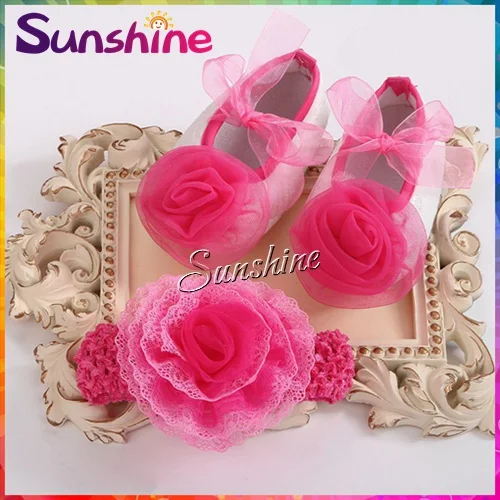 2015 New Baby hot pink flower shoes girls hairband set,sapatos bebe