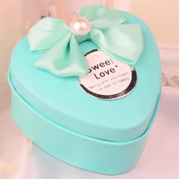 

free shipping 100pcs/lot Tiffany blue tinplate heart candy jar with bowtie wedding bridal showers party favors storage boxes
