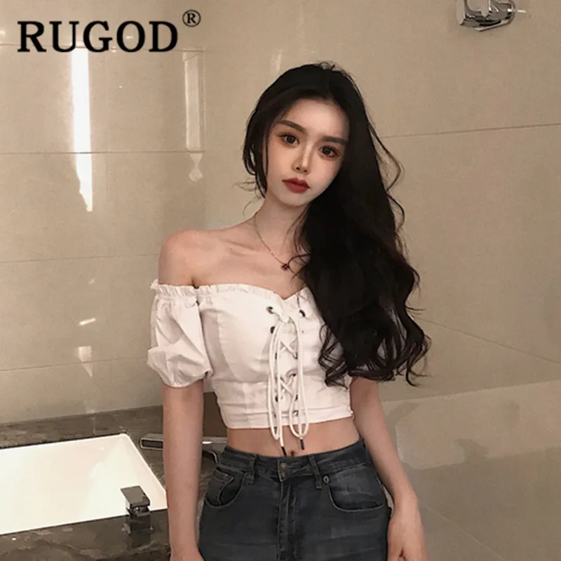 RUGOD сексуальная с открытыми плечами короткая женская блузка корейская мода с пышными рукавами на шнуровке Туника Рубашки офисные женские повседневные топы и блузки