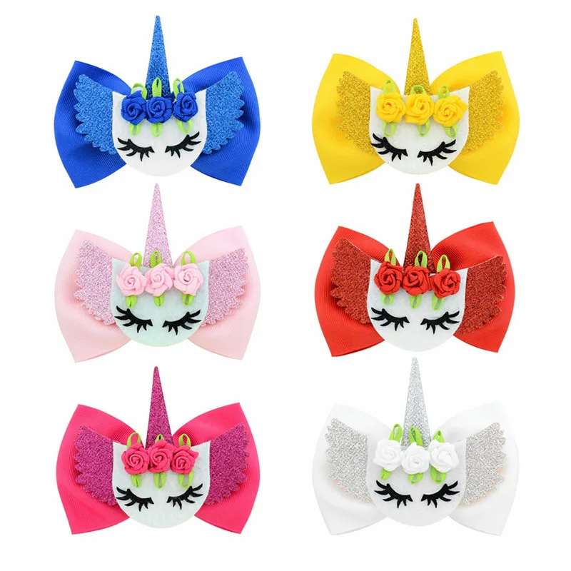 6Pcslot 4.3Inch Fashion Cute  unicorn sequins Tie bowknot Funny children's bow rubber Hairpins (1)