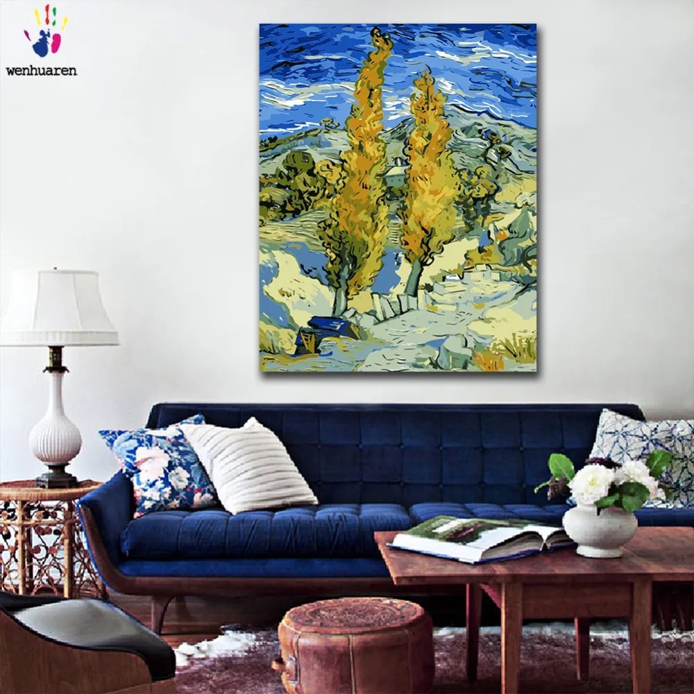 

DIY colorings pictures by numbers with colors Saint Remy's Poplar Van Gogh picture drawing painting by numbers framed Home