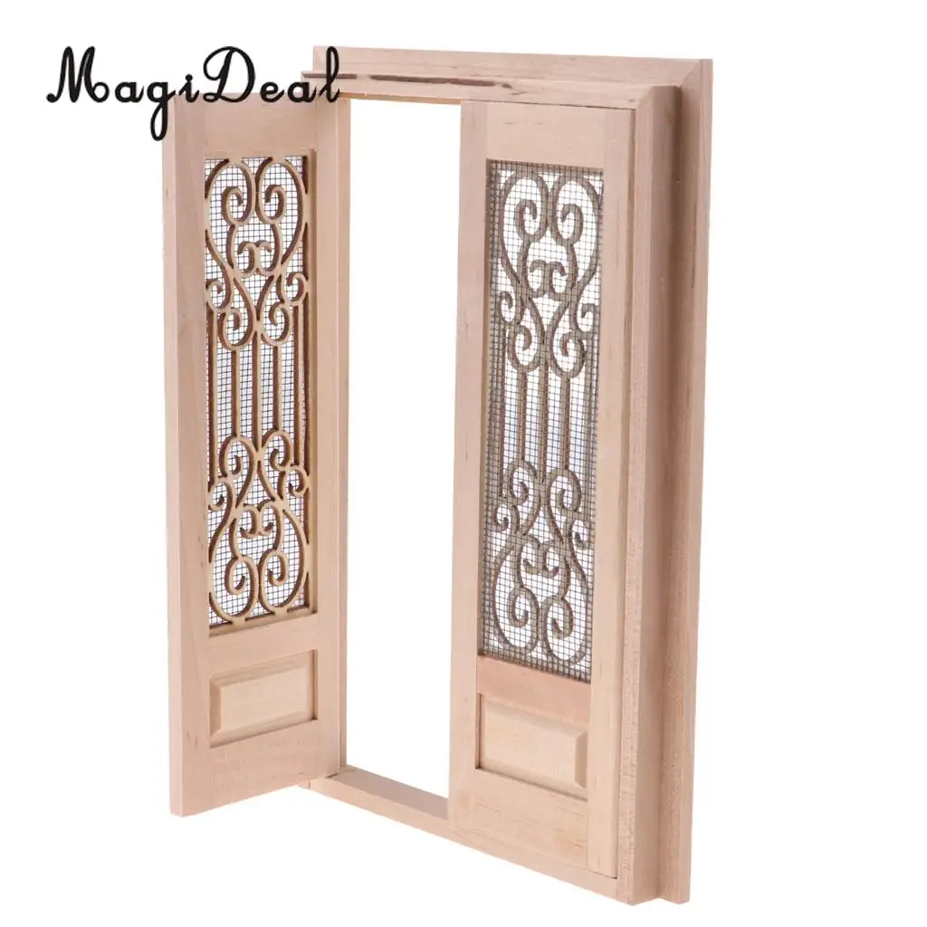 1/12 Dollhouse Miniature Wooden External Hollow Screen Double Door Unpainted Rooms DIY Items Dolls House Furniture Decor Acc