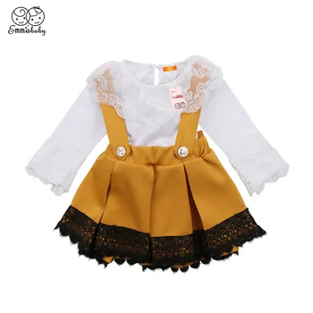 

2018 Newest Baby Clothing Set 2pcs Kid Girls Long Sleeve Patchwork Lace Bodysuit Bowknot Strap Dress Baby Girls Clothes Outfits
