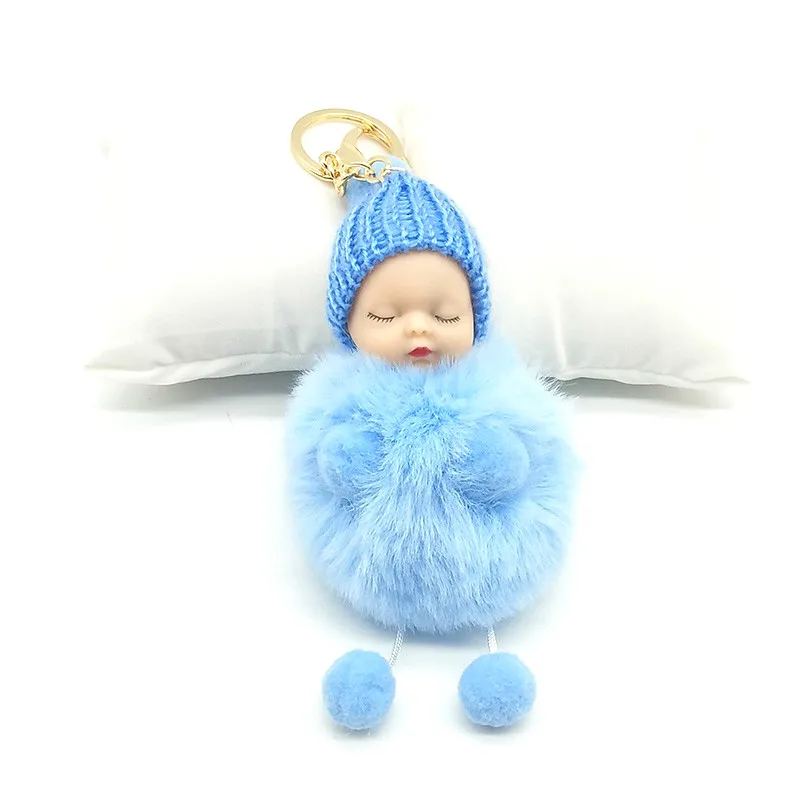 Спящая кукла, брелок с помпоном из кроличьего меха, брелок для ключей, автомобильный брелок, Женский держатель, сумка, кулон Ювелирное Украшение, porte clef - Цвет: blue