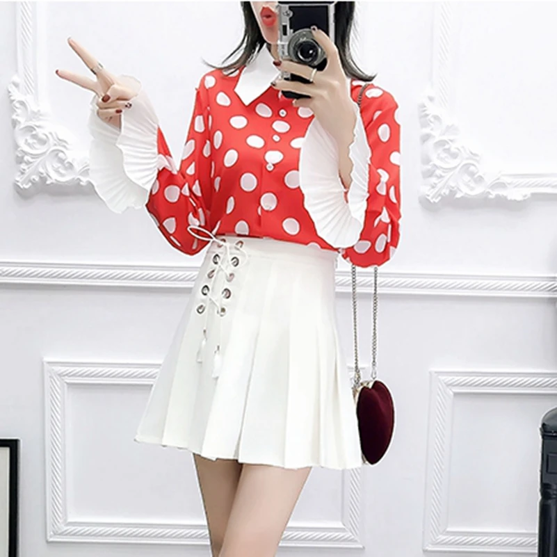 Nouvelle La Rouge Gratuite Sexemara noir Mode Plissée pièce Costume Deux Shirt Trompette Polka Manches Dot Livraison Jupe wBwZq